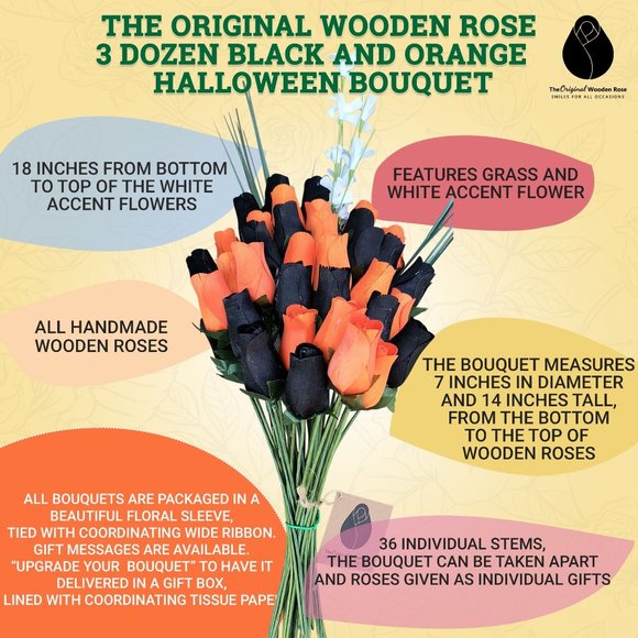 3 Dozen Halloween Black and Orange The Original Wooden Rose Flower Bouquet - Picture 3 of 7